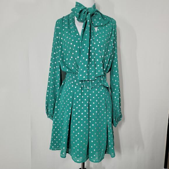 Yumi Kim Kelly Green Neck Tie Mini Dress Silver Polka Dots and Belt Size Small - Picture 1 of 8